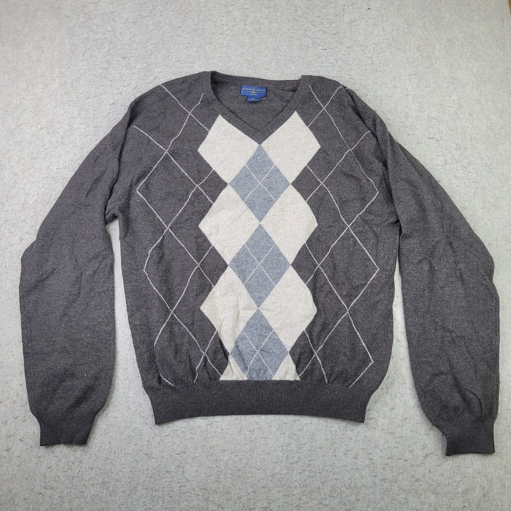 Joseph & Lyman 100%‎ Cashmere Argyle Sweater Mens XL Brown V-Neck Lightweight